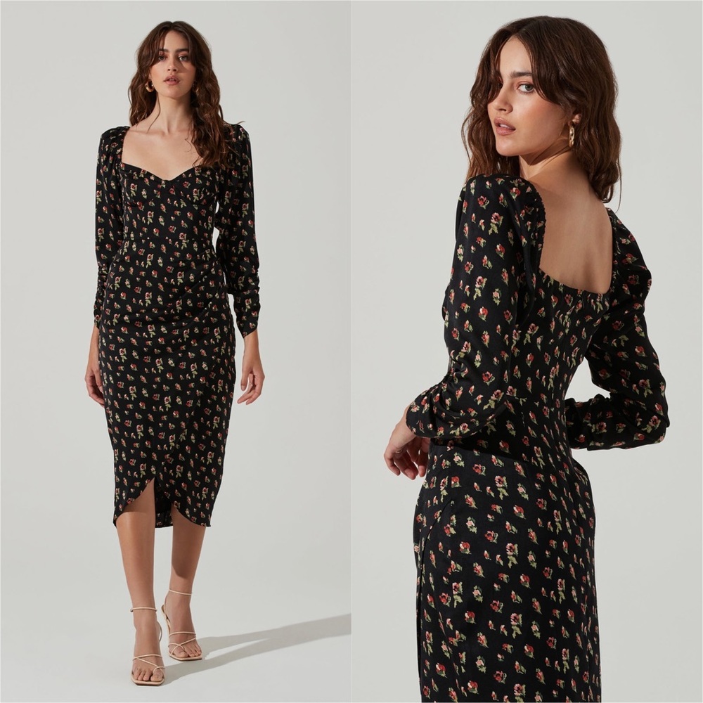 ASTR The Label FLORAL LONG SLEEVE MILKMAID SATIN MIDI DRESS